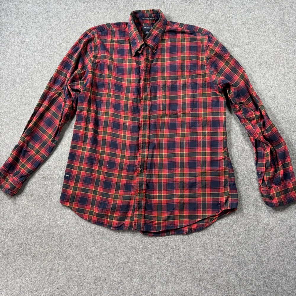 Lands' End Portuguese Flannel Shirt Large Tall Red Plaid Cotton Button Down